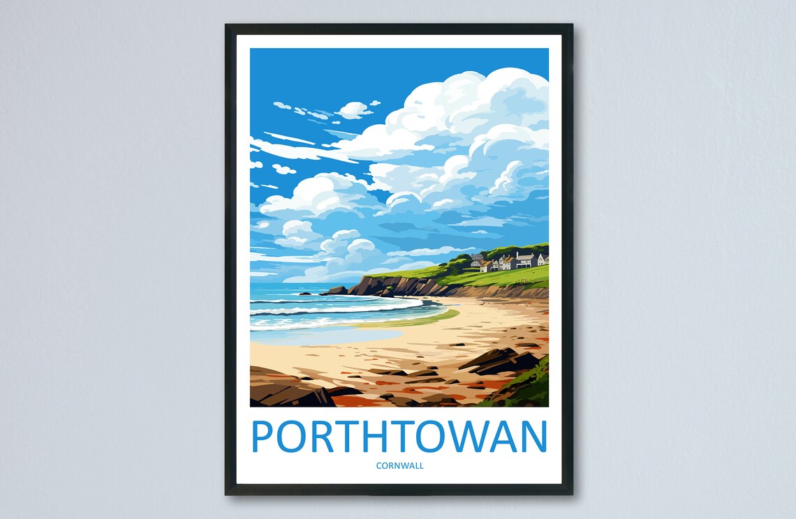 Porthtowan Cornwall Sandy Beach Travel Poster Retro Coastal Art