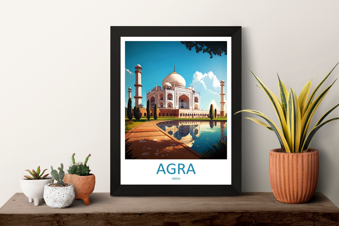 Agra India Taj Mahal Reflection Pool Scenic Vintage Travel Poster - Image 3