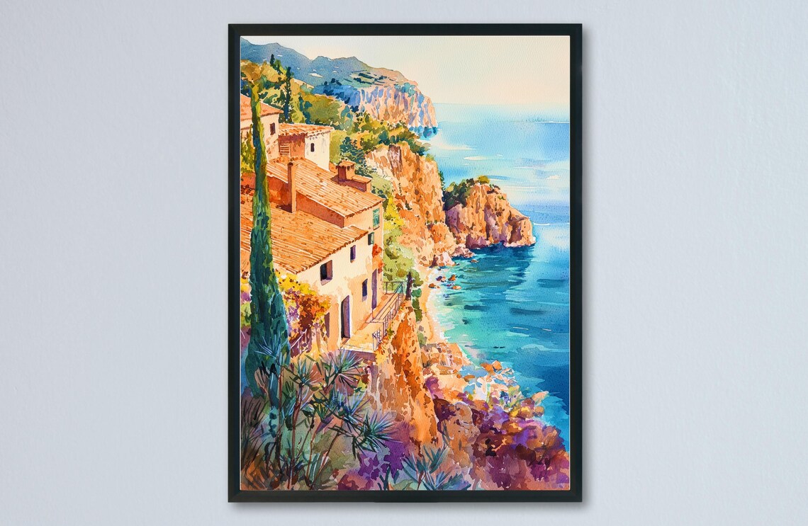 Mallorca Spain Cliffside Houses Mediterranean Watercolor Poster