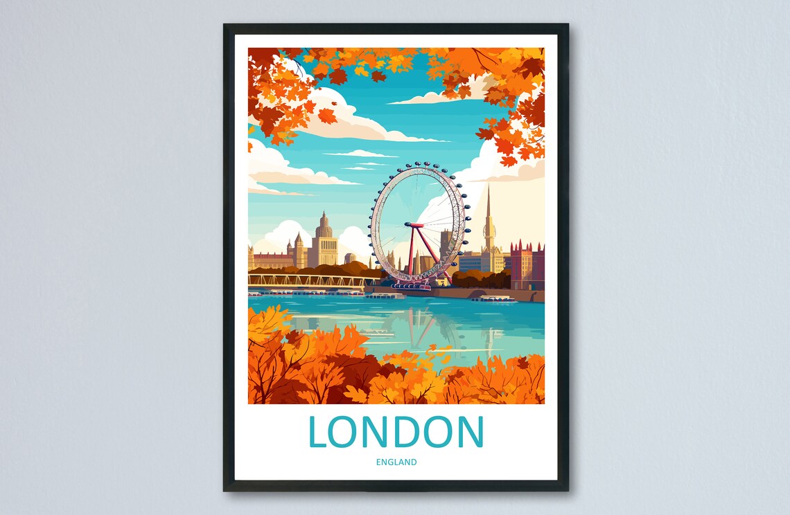 London Eye Autumn Foliage Thames View Illustration Travel Poster