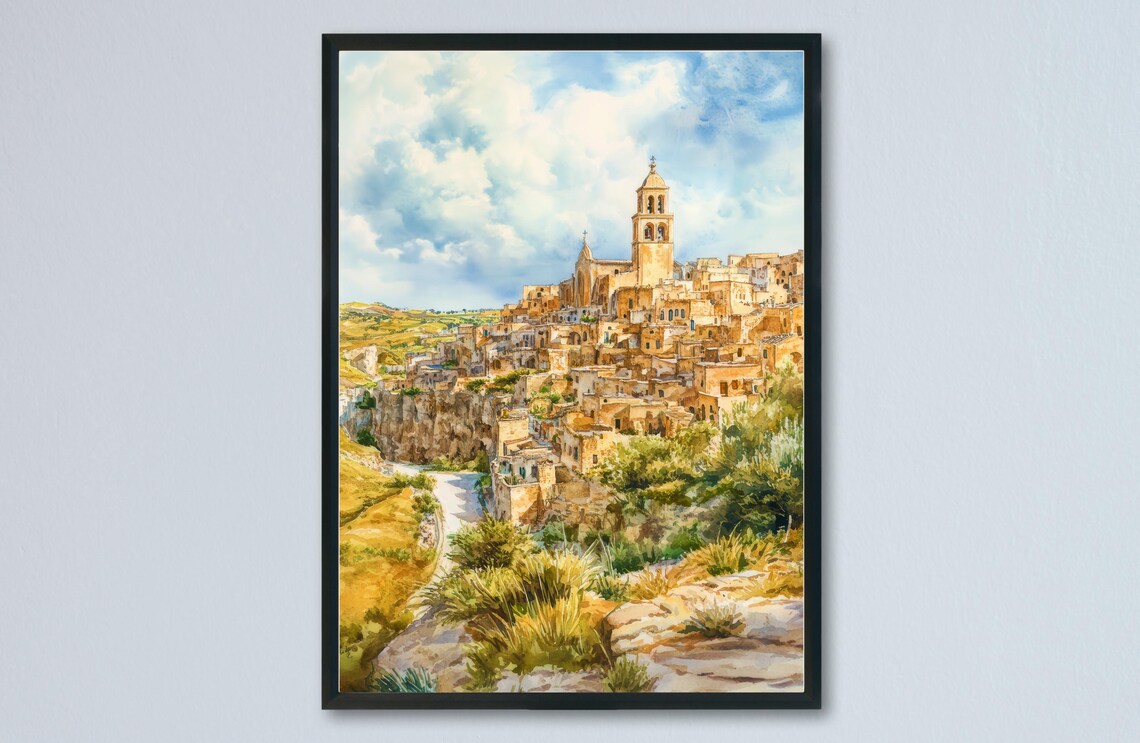 Matera Sassi Cave Dwellings Watercolor Bell Tower Golden Stone View Poster