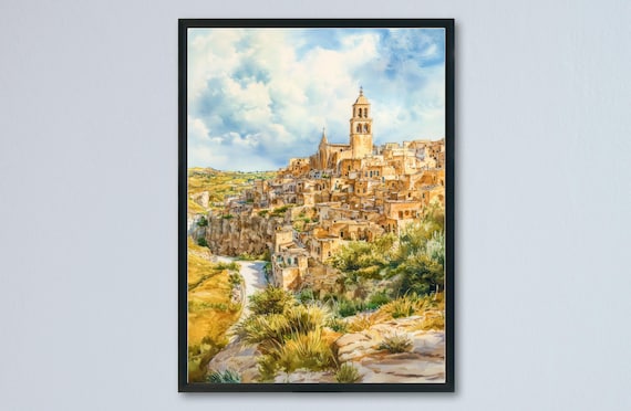 Matera Sassi Cave Dwellings Watercolor Bell Tower Golden Stone View Poster