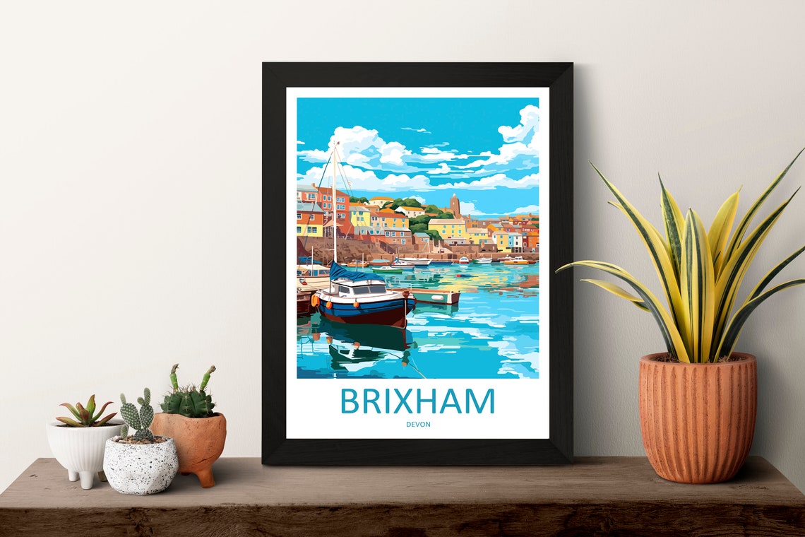 Brixham Devon Fishing Harbour Colorful Boats Town View Poster - Image 3