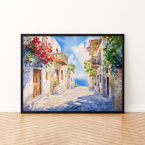 Crete Greece Watercolor Poster Cobblestone Lane To The Sea Bougainvillea View