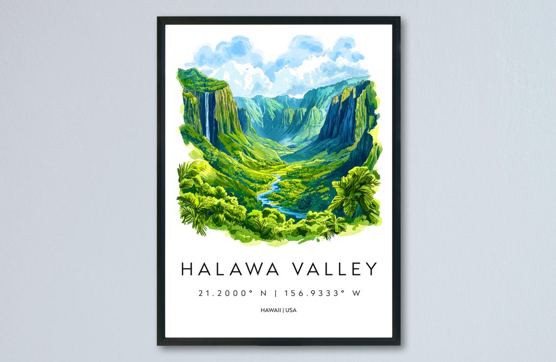 Halawa Valley Hawaii Waterfall Green Valley Watercolor Travel Poster