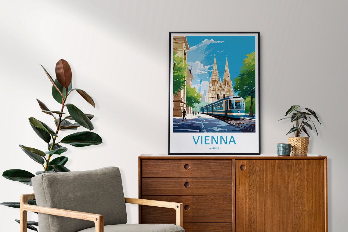 Vienna Austria Twin Spired Church Vintage Tram Street Scene Poster - Image 2