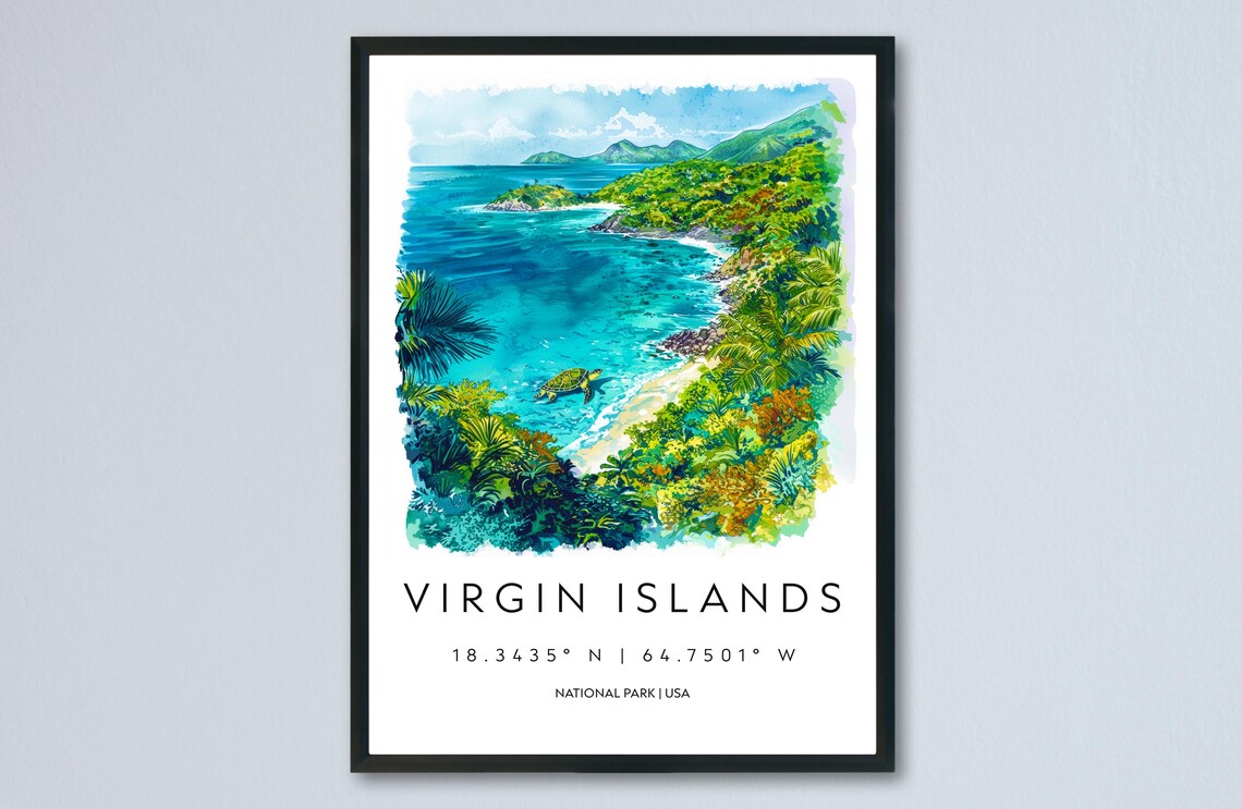 Virgin Islands Tropical Bay With Sea Turtle Watercolor Travel Poster