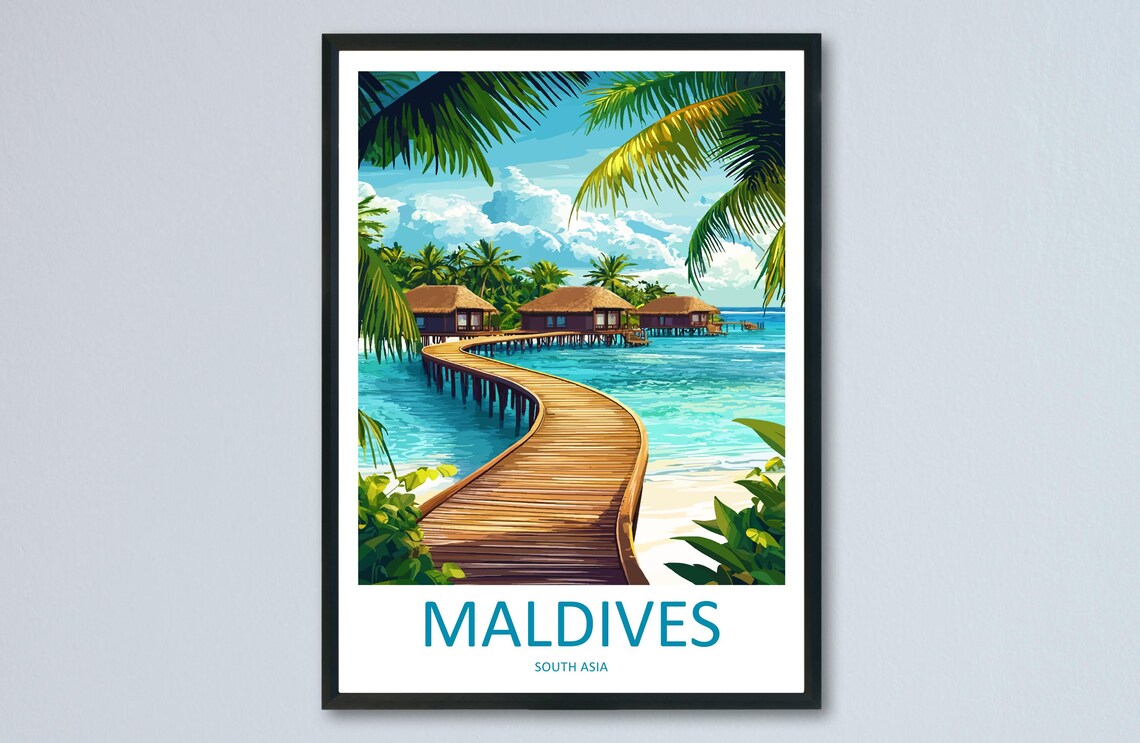 Maldives Overwater Villas Boardwalk Turquoise Lagoon Travel Poster