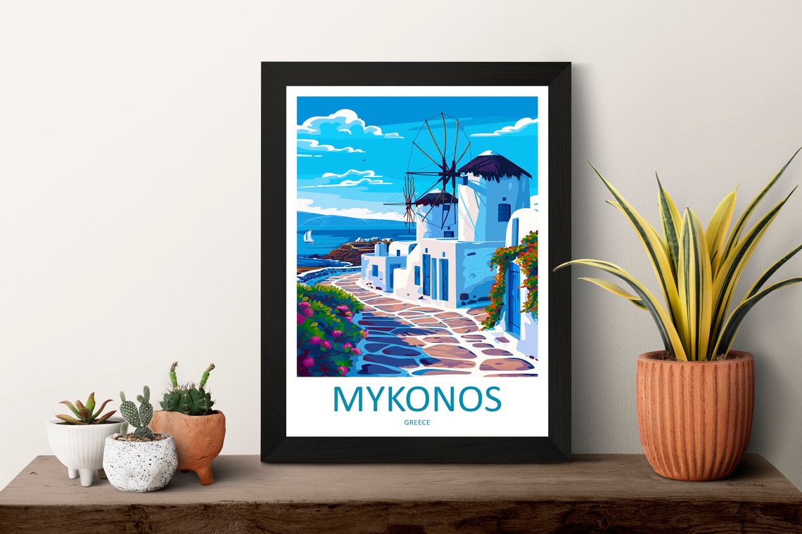 Mykonos Greece Windmills Poster with Whitewashed Houses by the Sea - Image 3