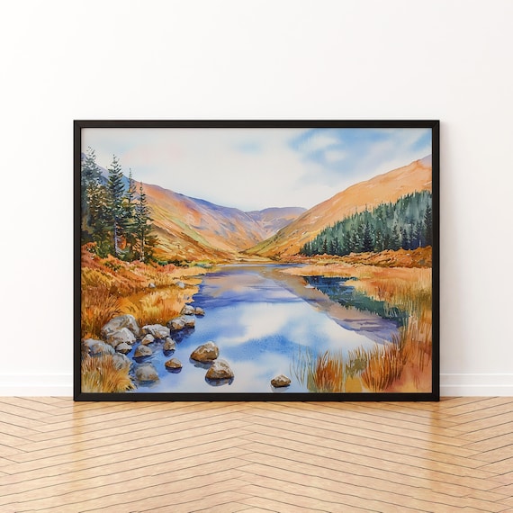 Wicklow Mountains Watercolor Poster Autumn Lake Rocks Golden Hills Art