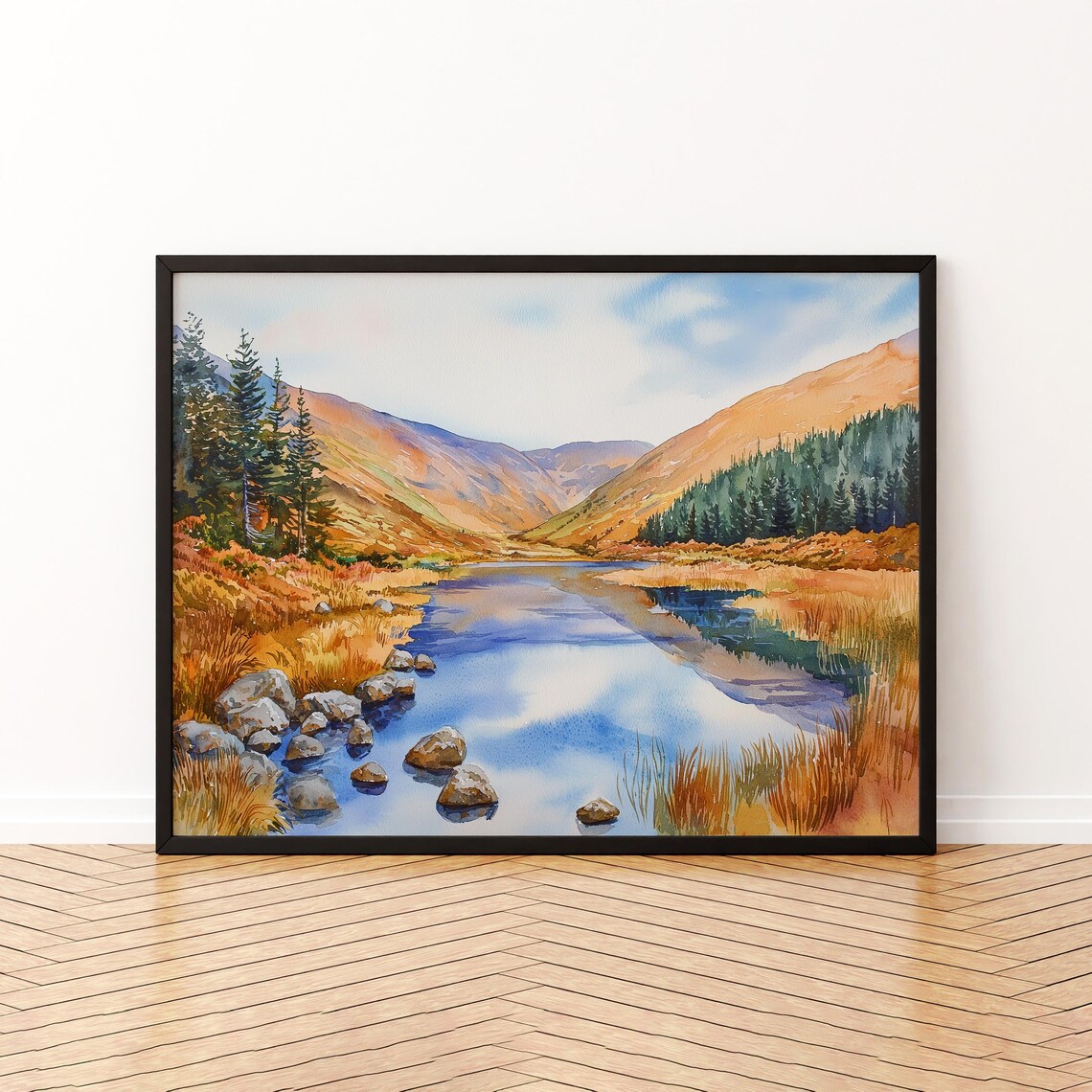 Wicklow Mountains Watercolor Poster Autumn Lake Rocks Golden Hills Art