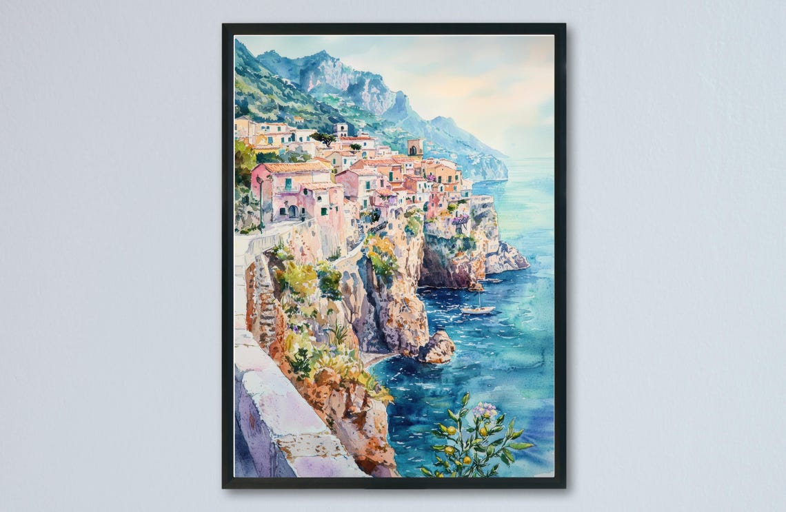 Amalfi Coast Italy Cliffside Village Watercolor Scenic Poster