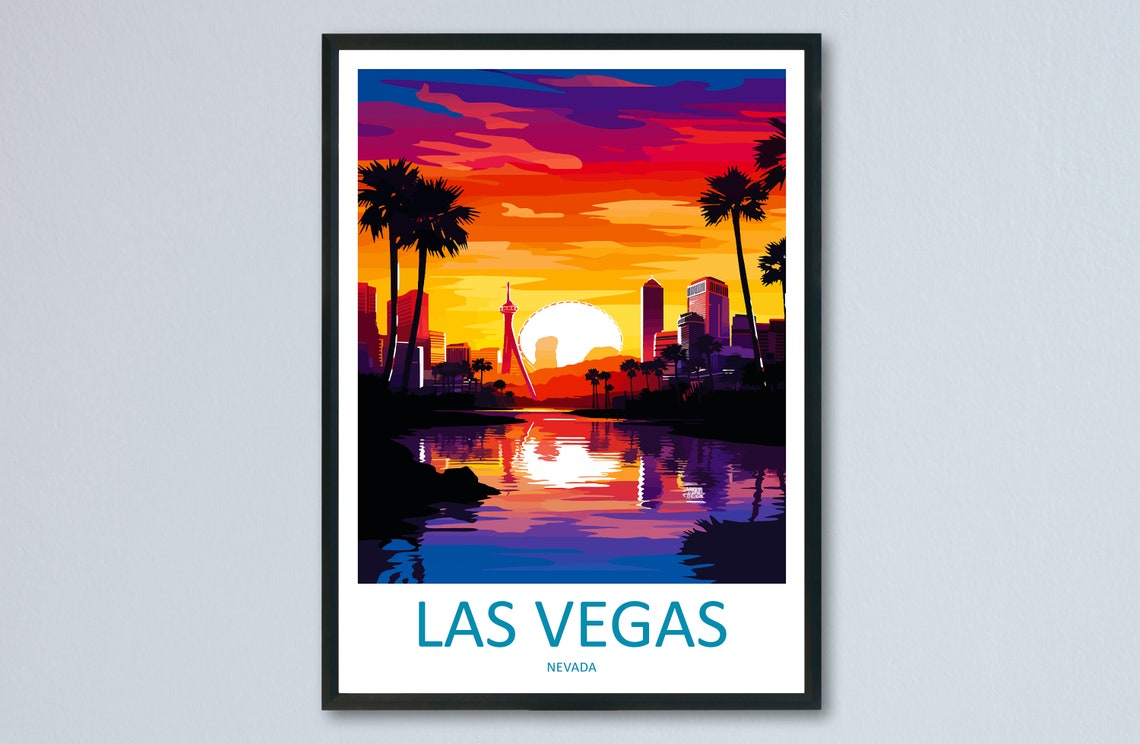 Las Vegas Nevada Sunset Skyline and Palm Trees Travel Poster