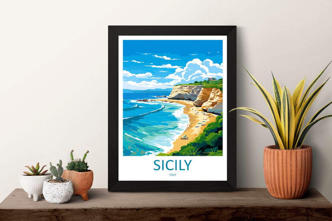 Sicily Italy Sunlit Cliffside Beach Turquoise Waters Daytime Poster - Image 3