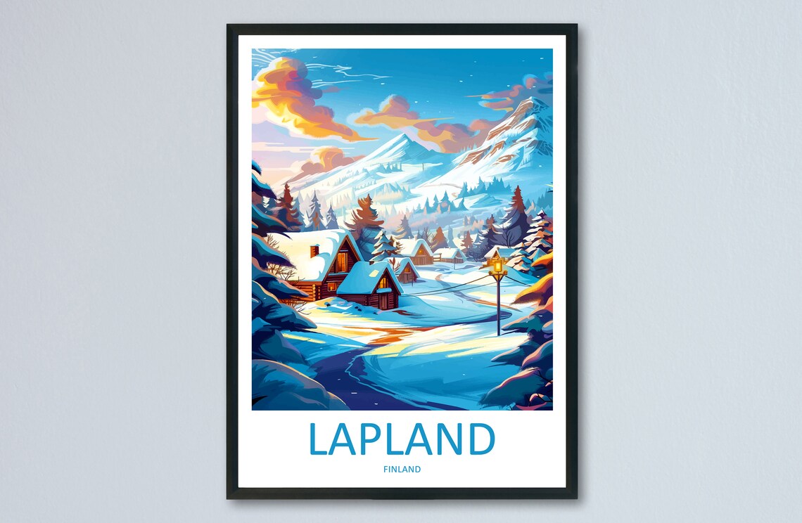Lapland Finland Snowy Winter Village Sunset Mountains Travel Poster