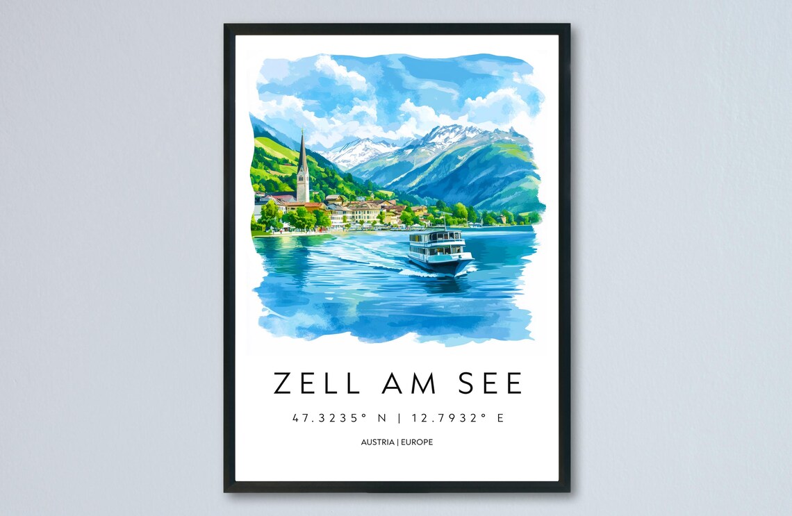 Zell Am See Austria Lake Boat Church Mountain Watercolor Travel Poster