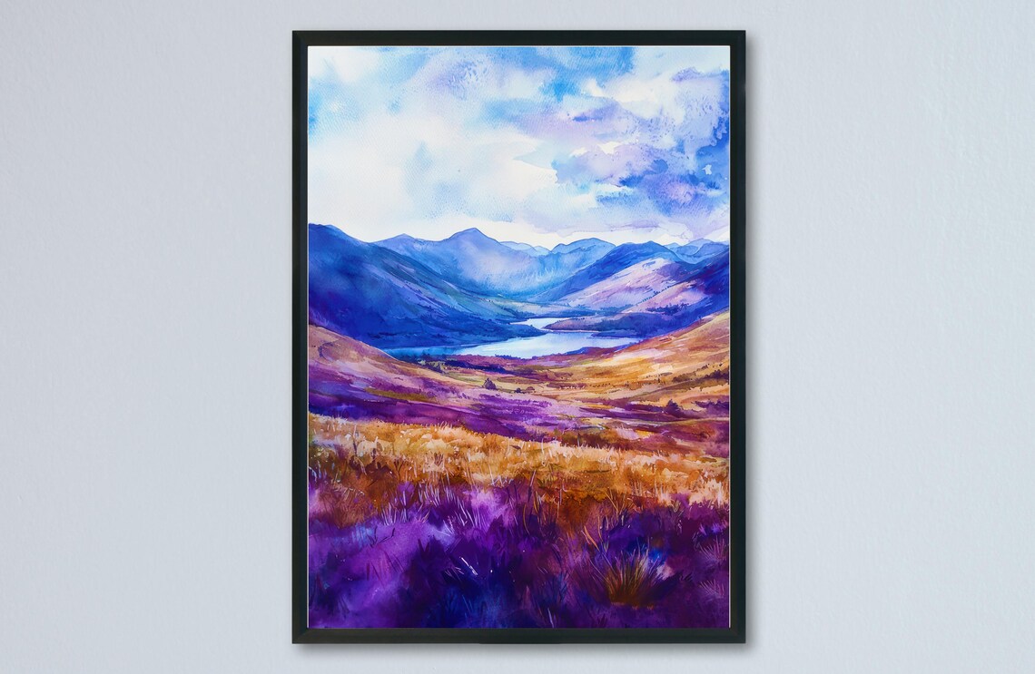Cairngorms National Park Heather Moor Loch Watercolor Highland Poster