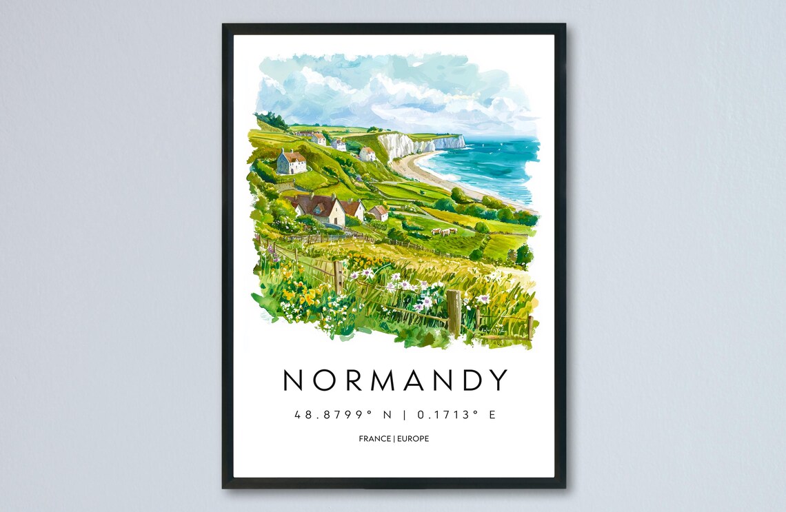 Normandy White Cliffs Watercolor French Coastline Travel Poster