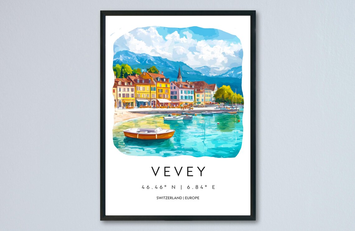 Vevey Switzerland Lakeside Harbor Boats Watercolor Travel Poster