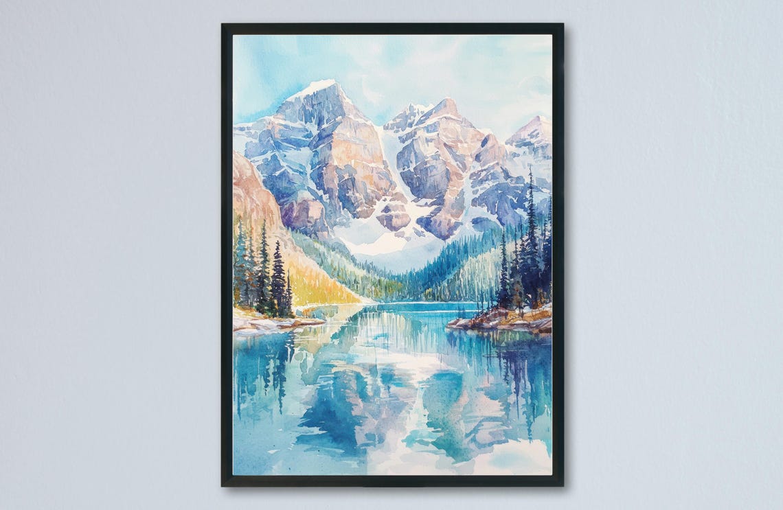 Banff Mountain Lake Snow Peaks Blue Reflection Watercolor Poster