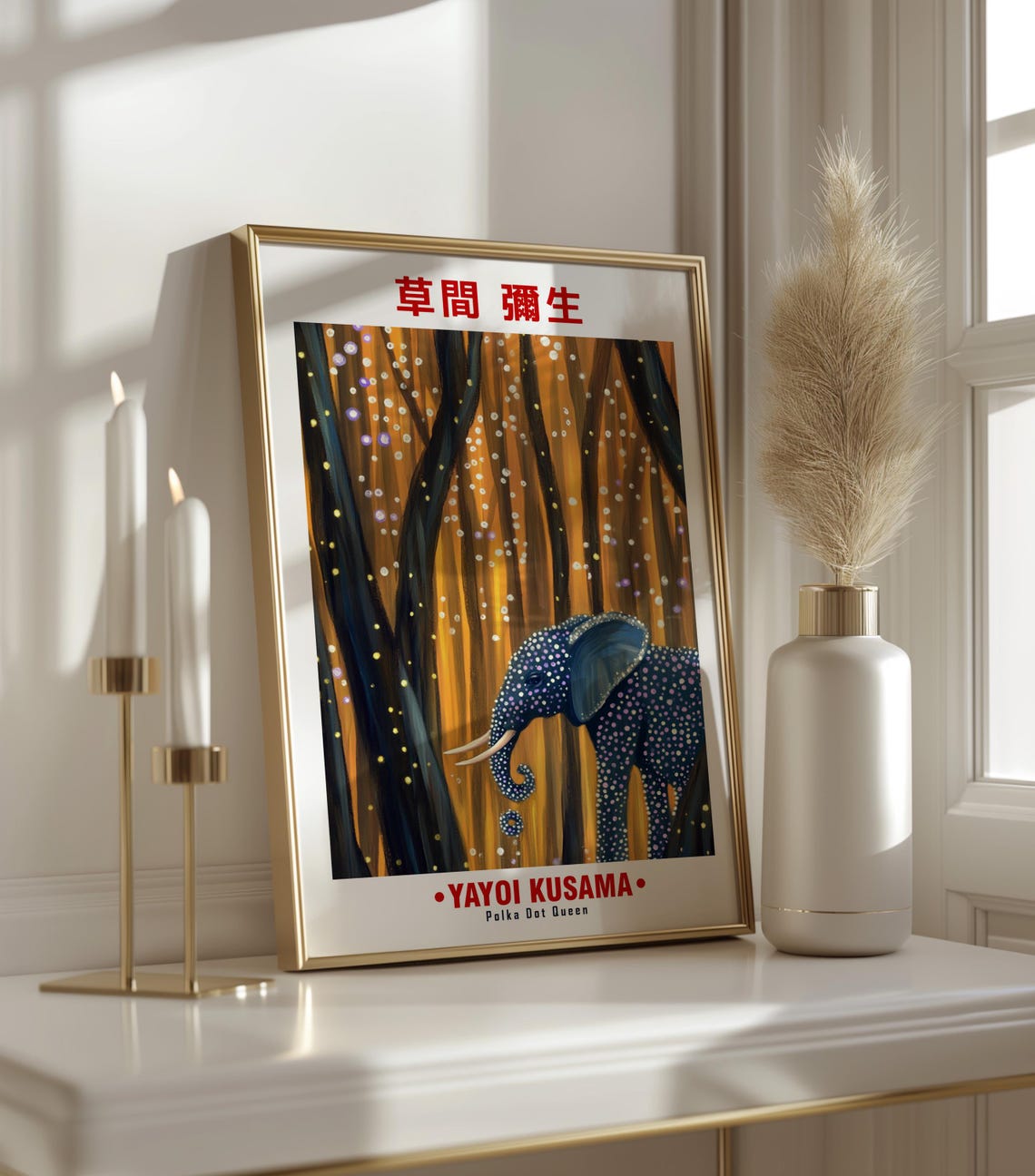 Yayoi Kusama-Inspired Blue Elephant Golden Forest Art Poster - Image 3