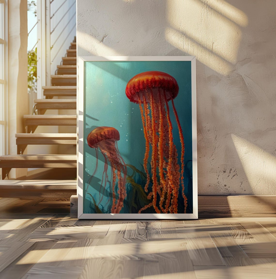 Kusama Inspired Large Orange Jellyfish Duo Teal Water Poster