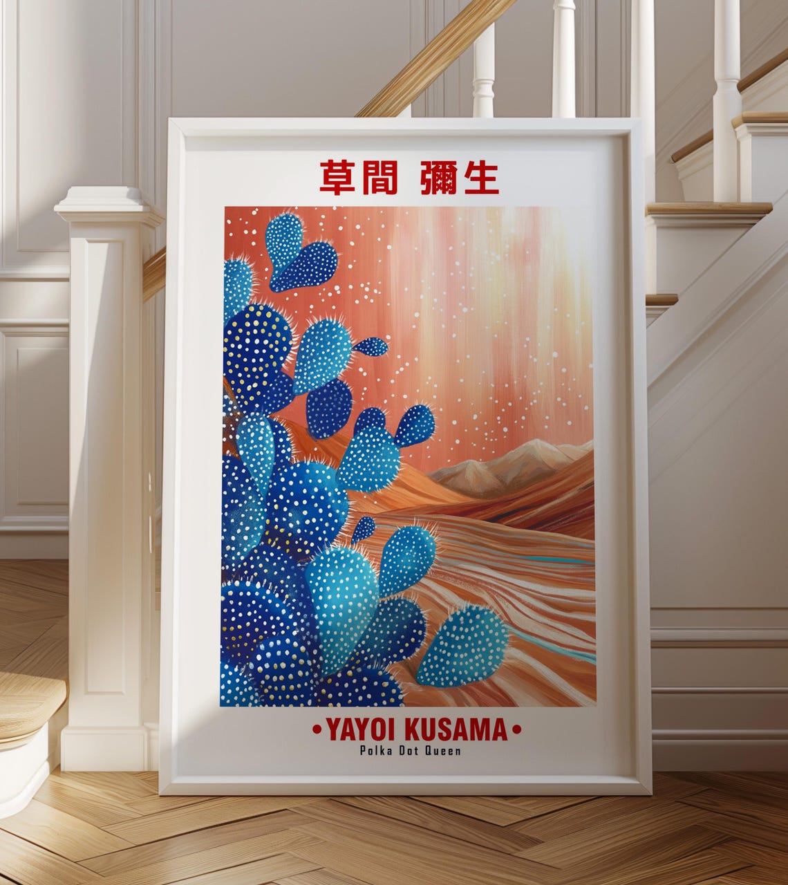 Blue Prickly Pear Cactus Red Dunes Yayoi Kusama Inspired Poster