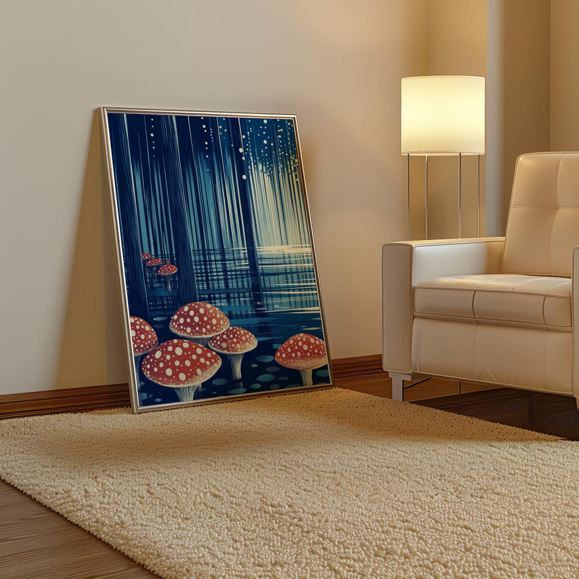 Red Spotted Mushrooms in a Night Blue Rain Forest Art Poster - Image 3