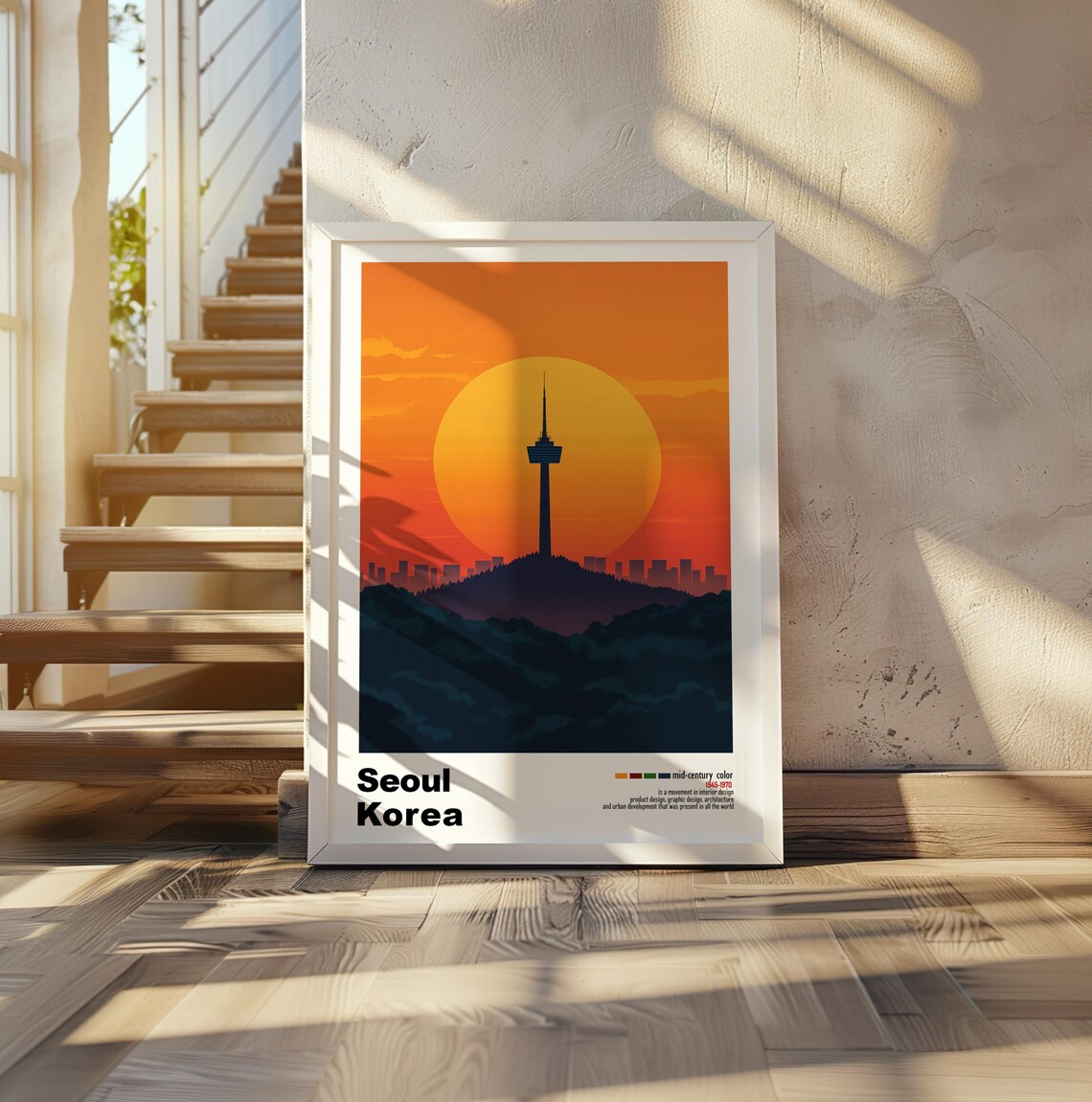 Seoul Korea N Seoul Tower Sunset Skyline Mid Century Travel Poster - Image 2