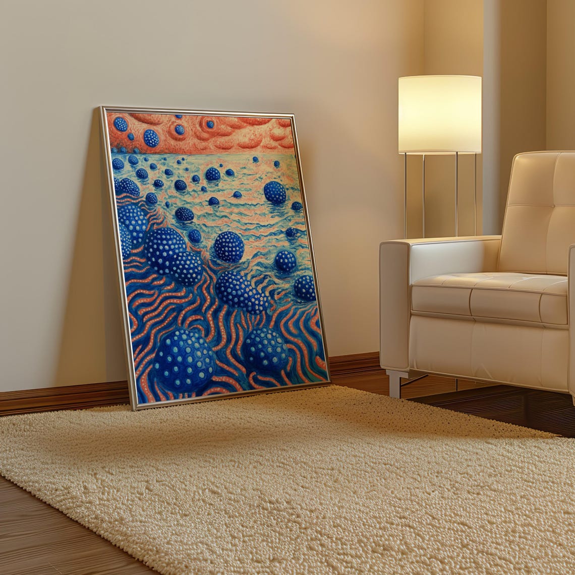 Kusama Inspired Blue Dotted Orbs Swirling Ocean Sunset Poster - Image 3