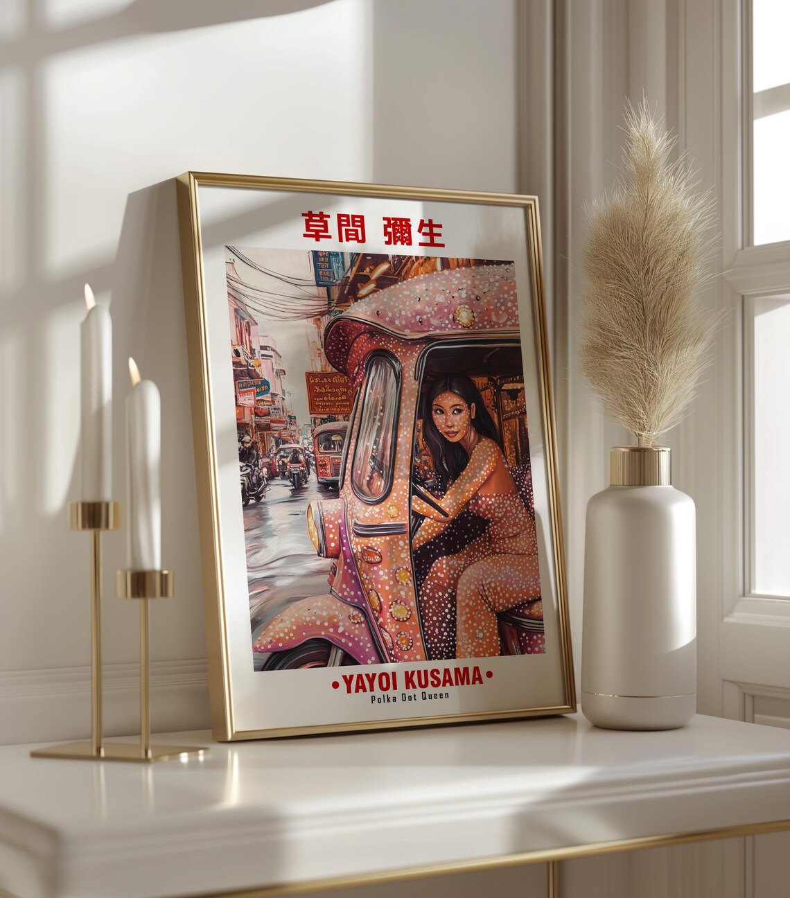 Yayoi Kusama-Inspired Pink Tuk Tuk City Street Scene Art Poster - Image 3