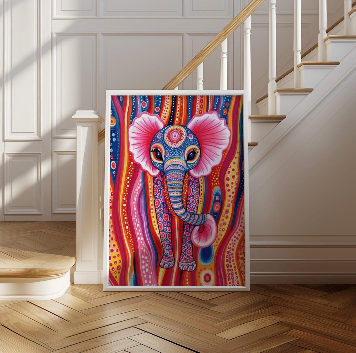 Rainbow Elephant with Pink Flower Ears in Dotted Pop Art Poster - Image 2
