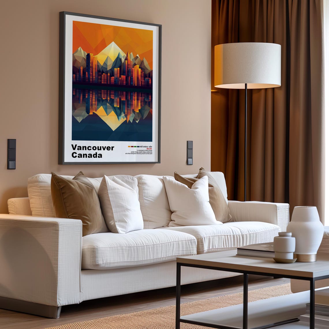 Vancouver Canada Skyline Sunset Reflection Low Poly Mid Century Poster - Image 3