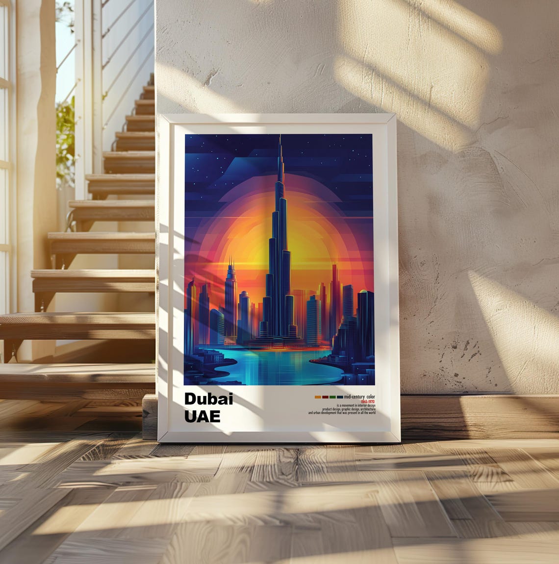 Dubai UAE Burj Khalifa Starry Night Mid Century Travel Poster - Image 2