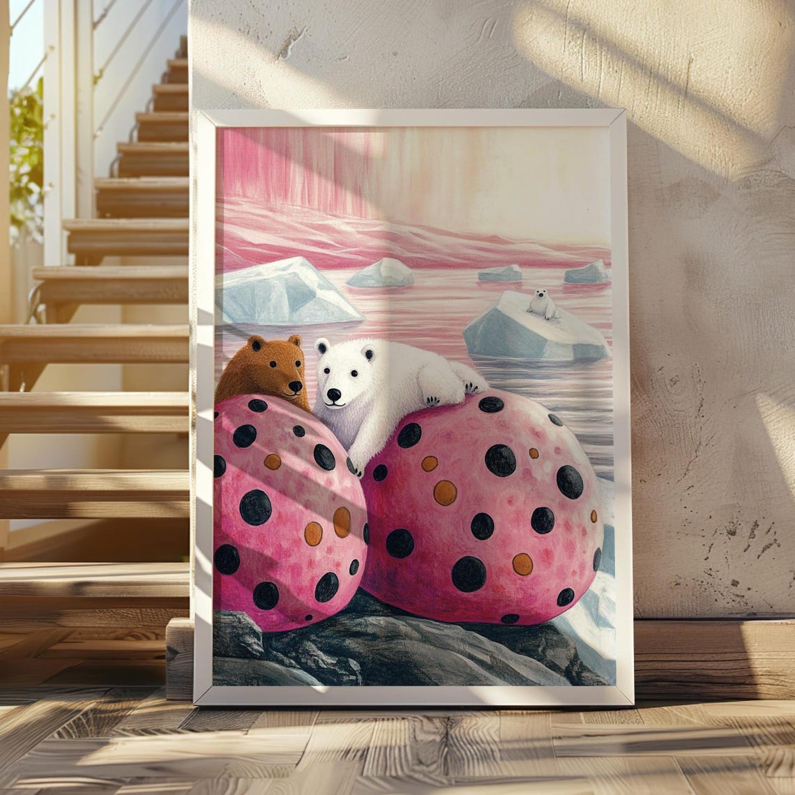 Polar Bears on Giant Pink Polka Dot Pumpkins in Arctic Poster
