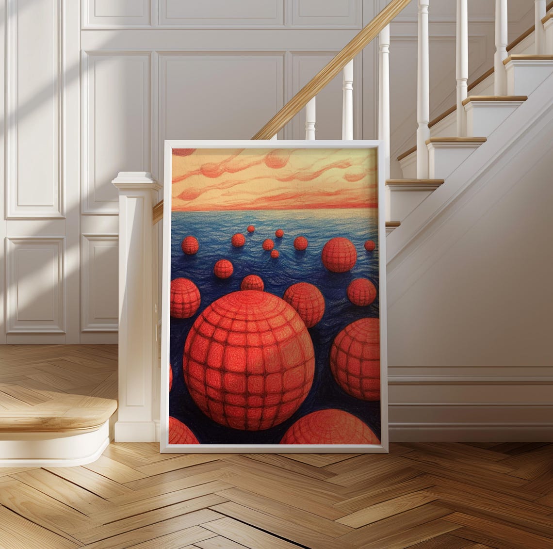 Surreal Red Polka Dot Spheres Floating Over Sunset Ocean Art Poster - Image 2