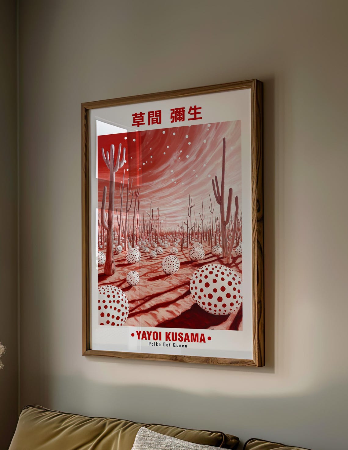 Red Desert White Dotted Orbs Tall Cacti Yayoi Kusama Inspired Poster - Image 2