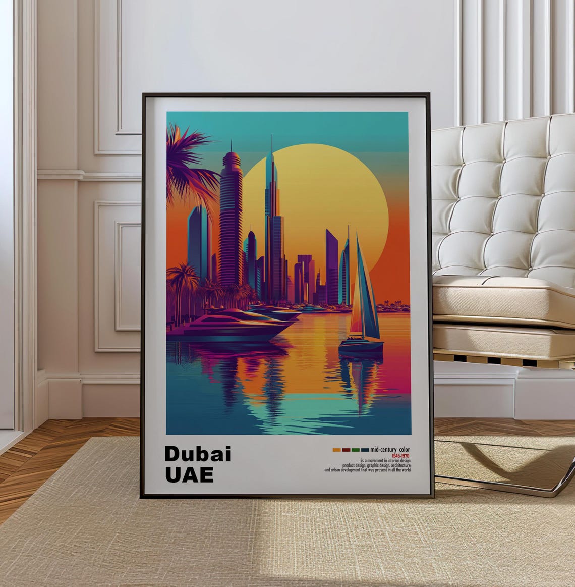 Dubai UAE Marina Skyline Sunset Sails Mid Century Travel Poster