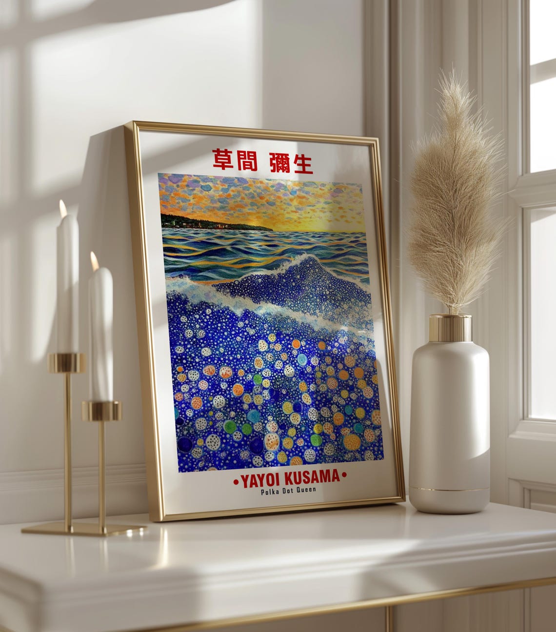 Yayoi Kusama Inspired Dotted Ocean Wave at Sunset Art Poster - Image 3