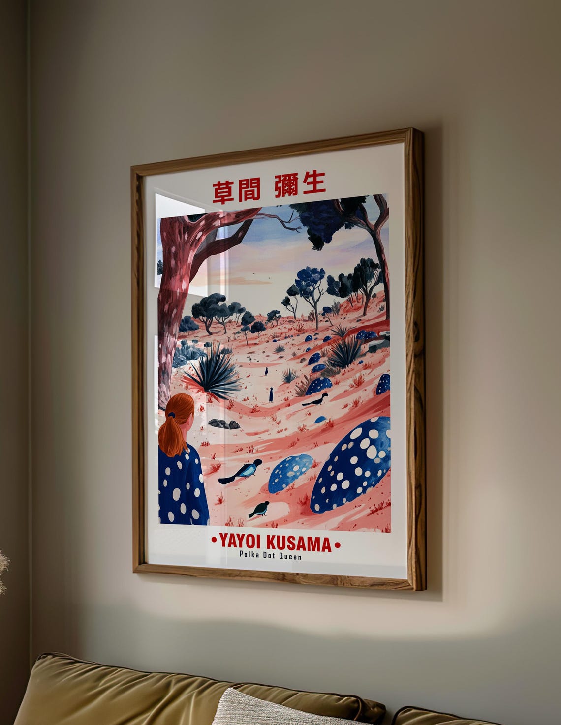 Girl Blue Polka Dot Dress Pink Desert Yayoi Kusama Inspired Poster - Image 2
