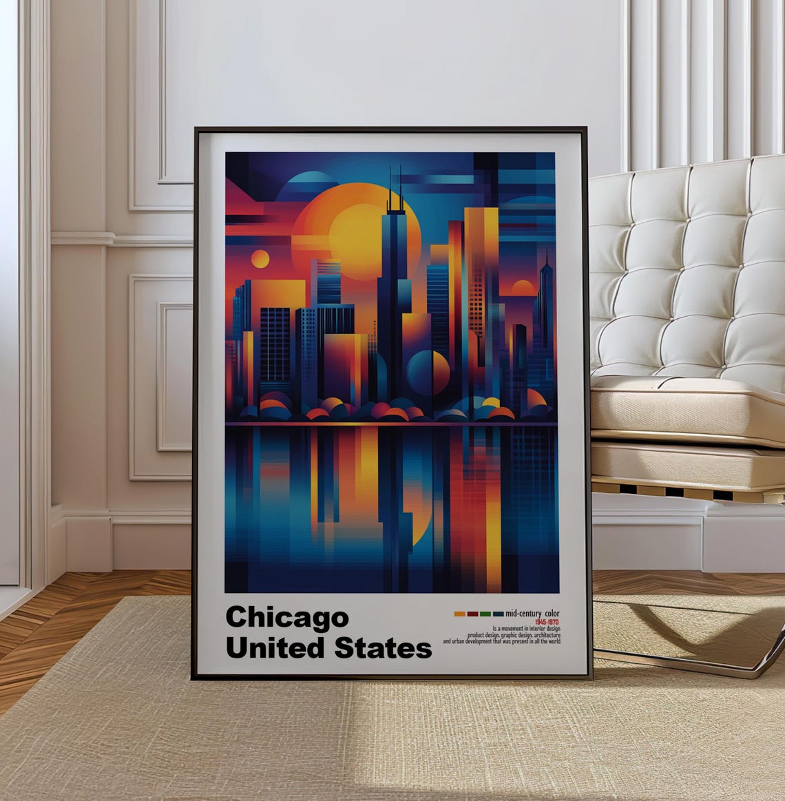 Chicago Sunset Skyline Abstract Geometric Mid Century Poster