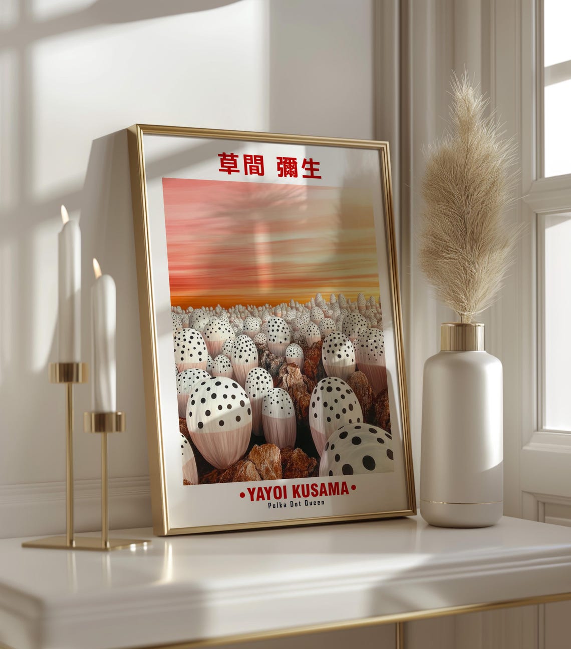 White Dotted Mushrooms Sunset Rocks Yayoi Kusama Inspired Poster - Image 3