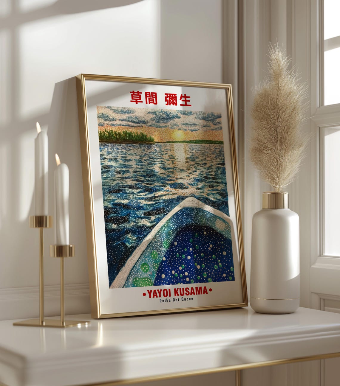 Yayoi Kusama Inspired Canoe at Sunset on Dotted Sea Art Poster - Image 3