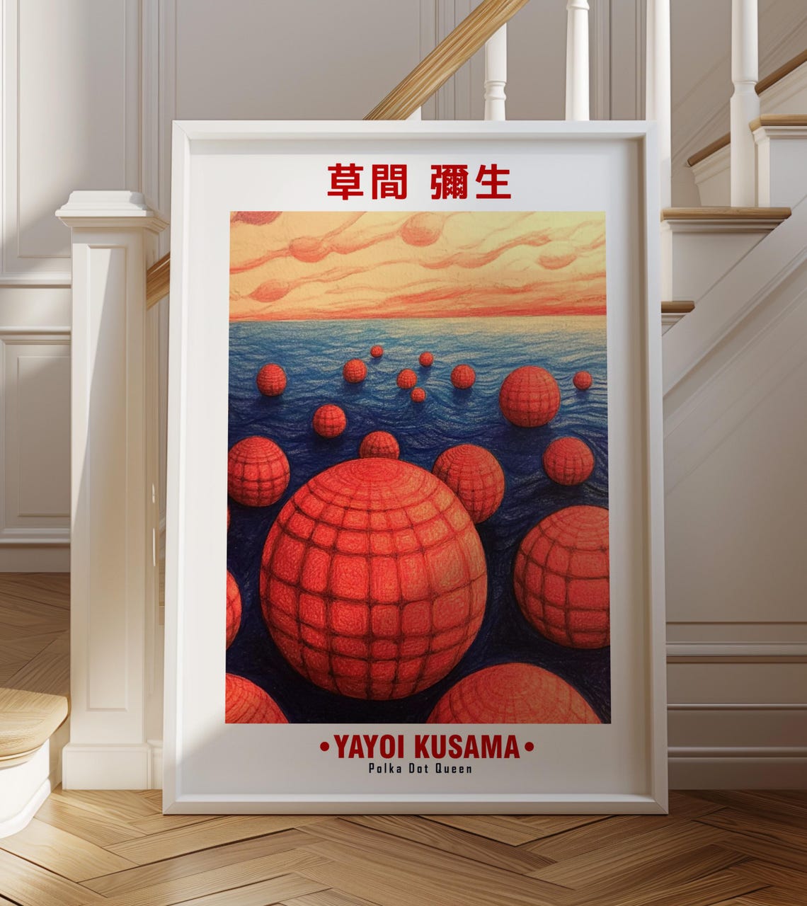 Yayoi Kusama Inspired Floating Red Spheres Ocean Scene Art Poster