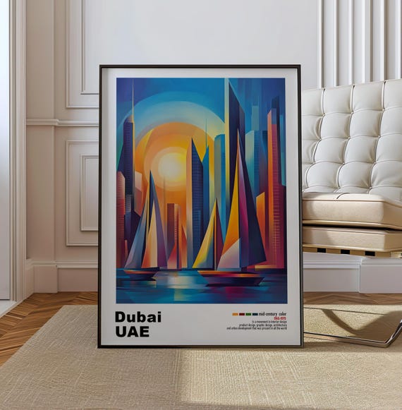 Dubai Uae Mid Century Modern Architecture Art Print Retro Minimalist City Poster With Geometric Design Bold Mid Century Dubai Life