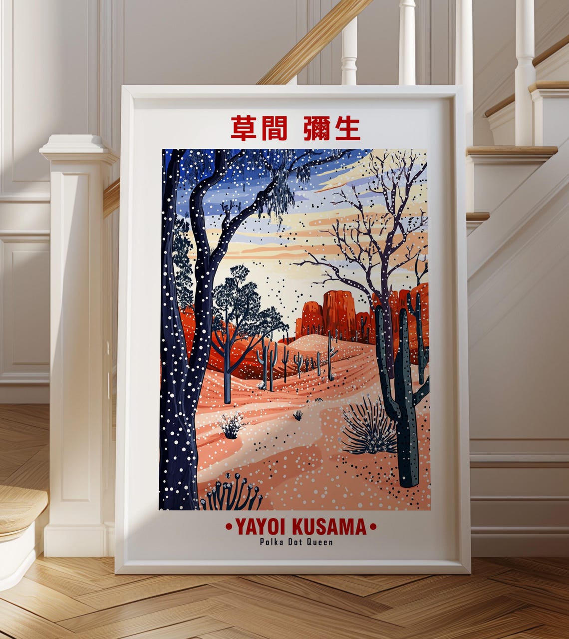 Red Desert Sunset Dotted Trees Cactus Yayoi Kusama Inspired Poster