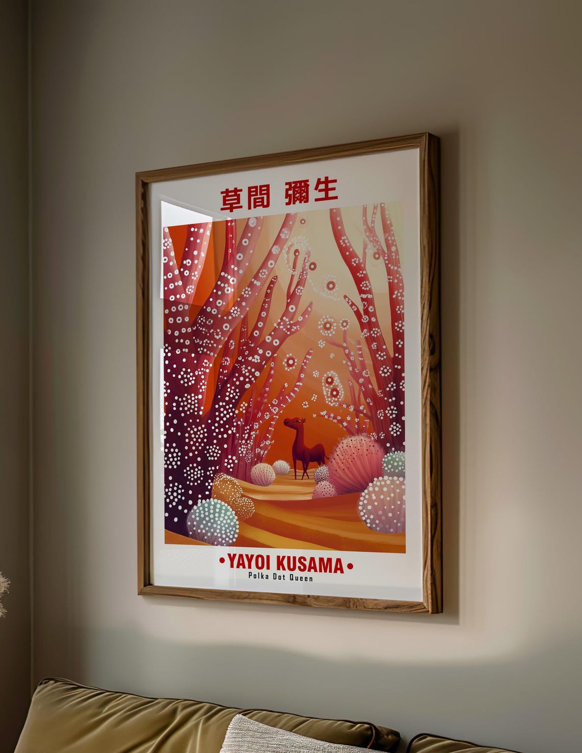 Enchanted Deer Red Dotted Trees Orange Sky Kusama Inspired Poster - Image 2