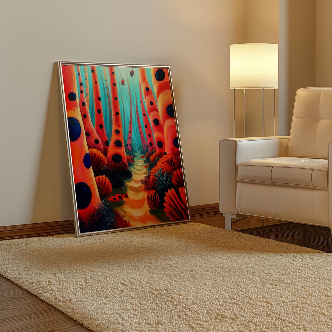 Kusama Inspired Red Dotted Forest Surreal Modern Pop Art Poster - Image 3