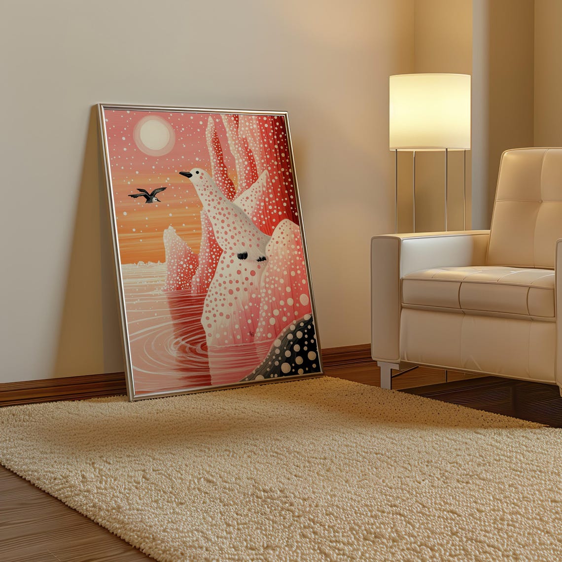Polar Bear on Pink Polka Dot Ice at Sunset with Birds Poster - Image 3