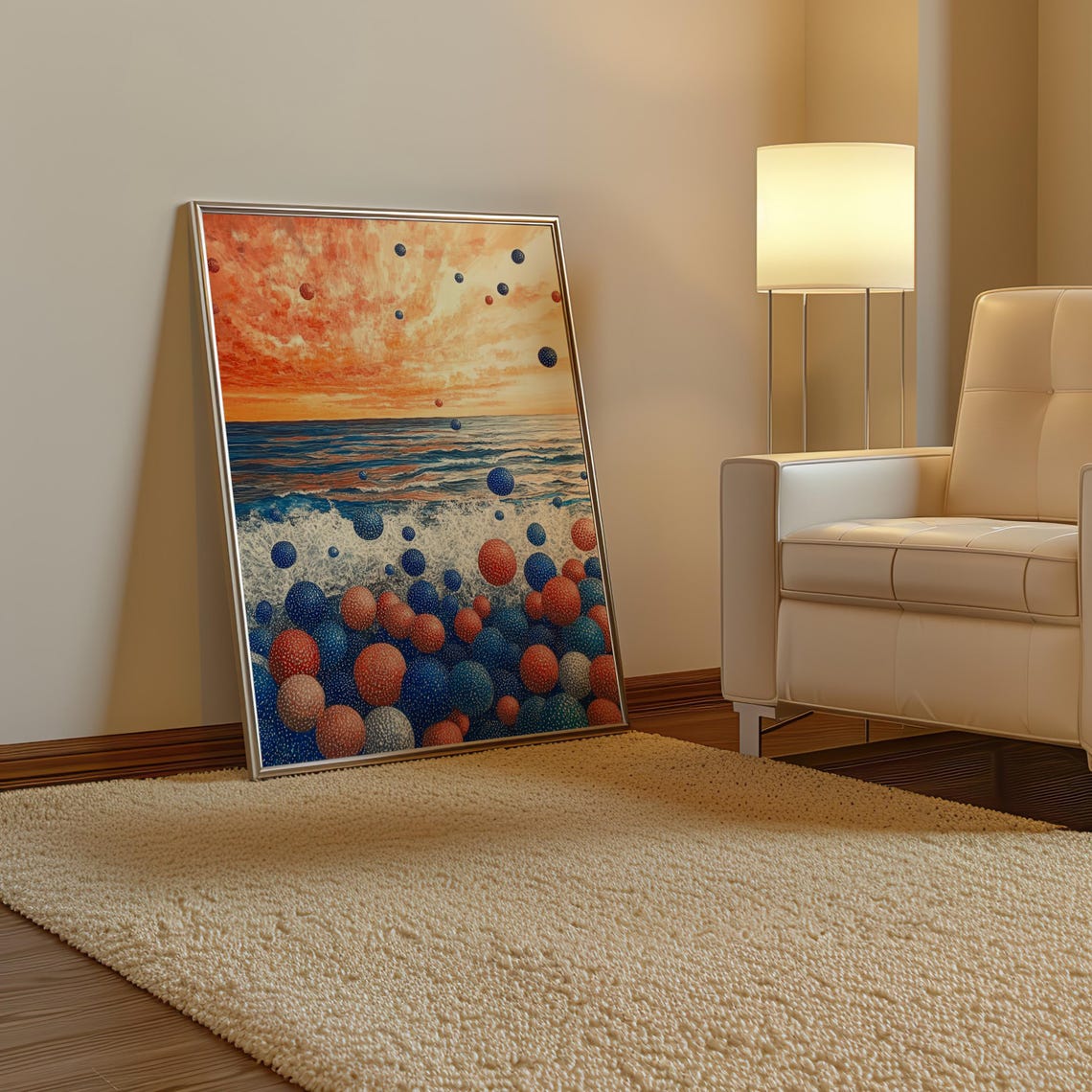 Dreamy Red and Blue Dotted Spheres on Beach at Sunset Art Poster - Image 3